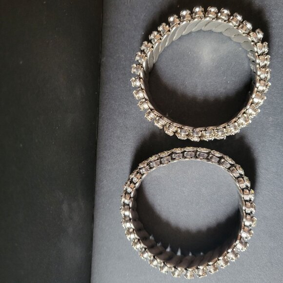 Vintage BSK Silver-Tone Rhinestone Stretch Bracelets Set Of 2 Made In British Ho - Picture 4 of 8